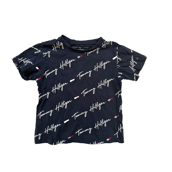Tommy Hilfiger Shirt Boys Size 6 Navy Blue Script Logo Short Sleeve Graphic Tee - Picture 1 of 3